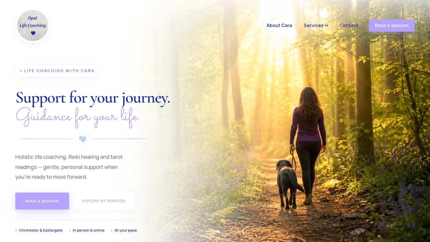 Opal Life Coaching homepage hero with brand headline and woodland photography