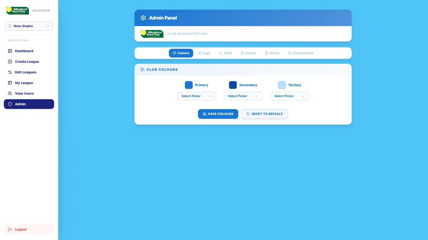 Admin panel club colours settings for primary, secondary, and tertiary brand colours