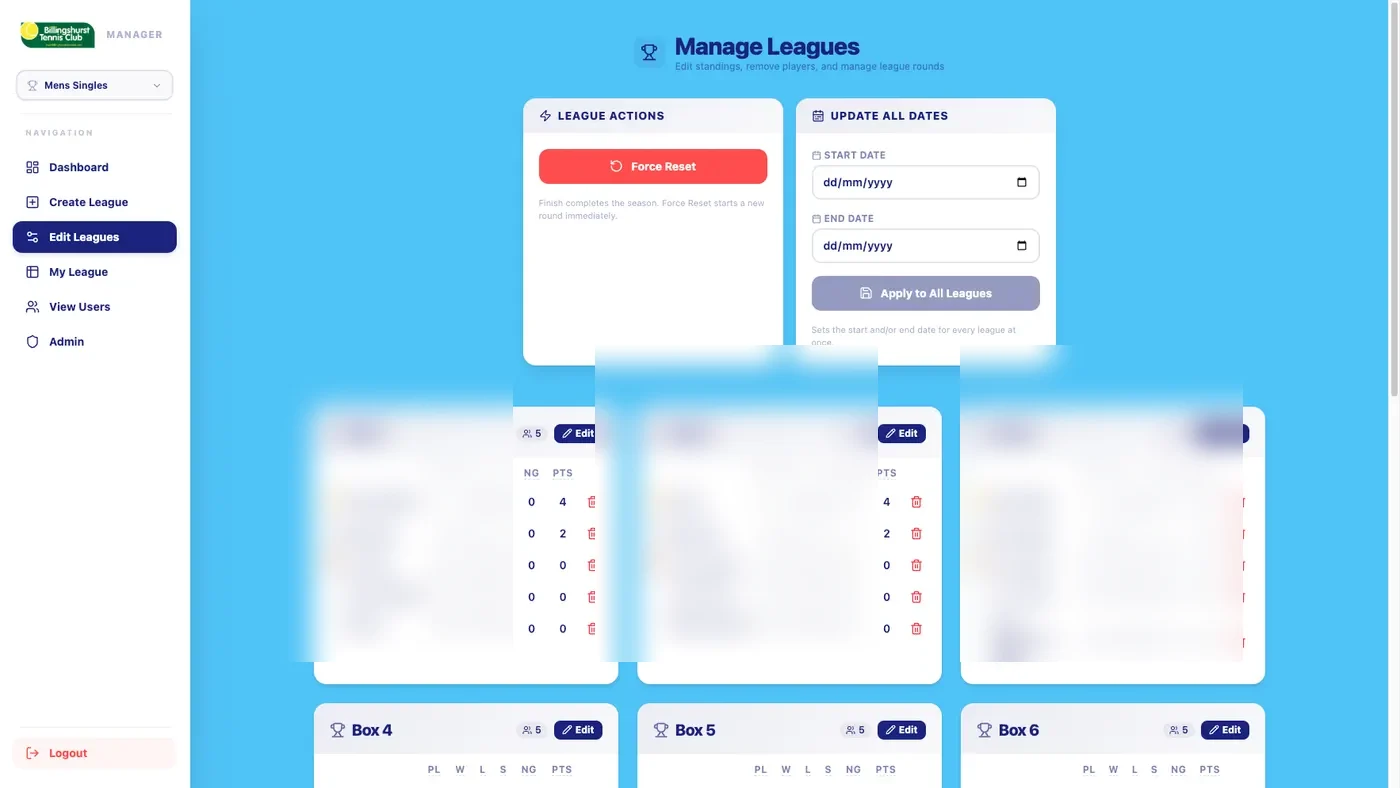 Manage Leagues screen with bulk date updates and per-box standings editors