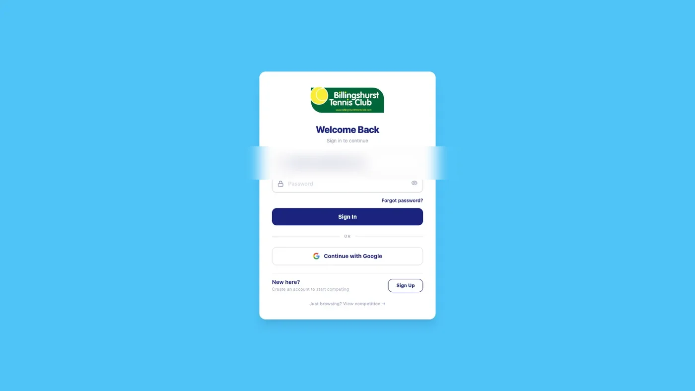Billingshurst Tennis Club login screen with club branding