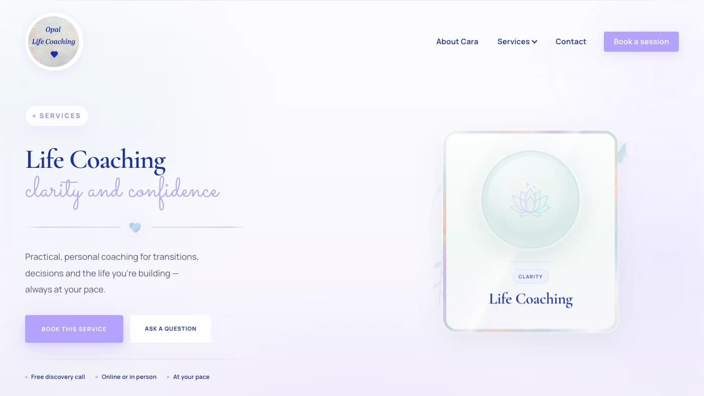 Life Coaching service page with clarity messaging and booking CTAs