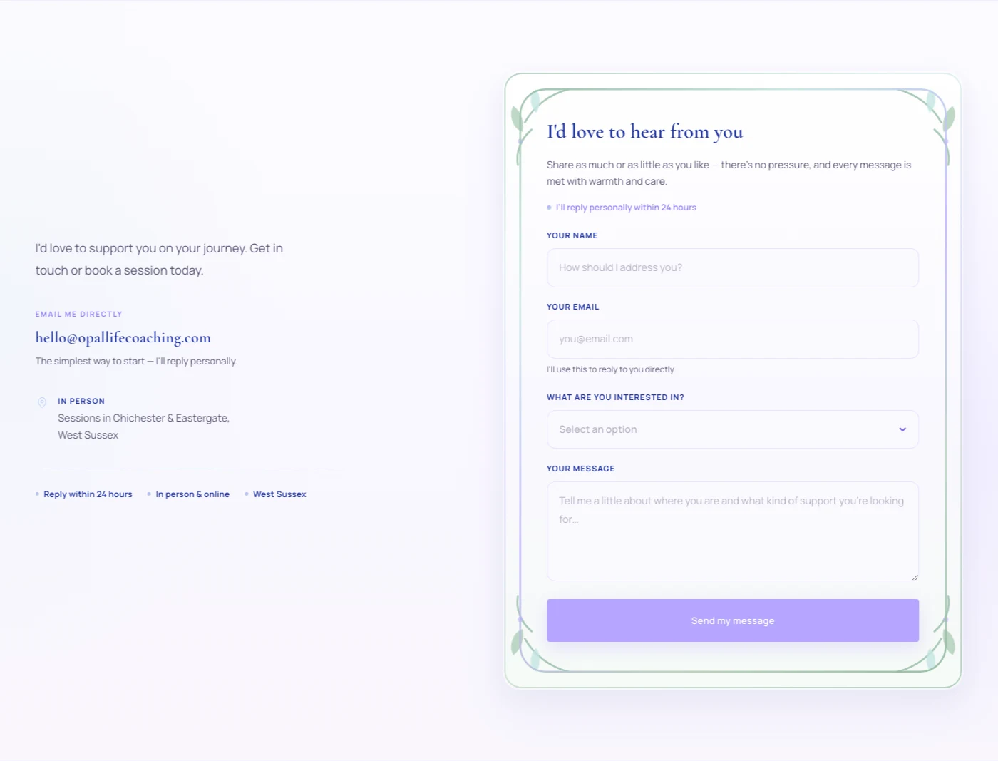 Contact section with next steps copy and enquiry form