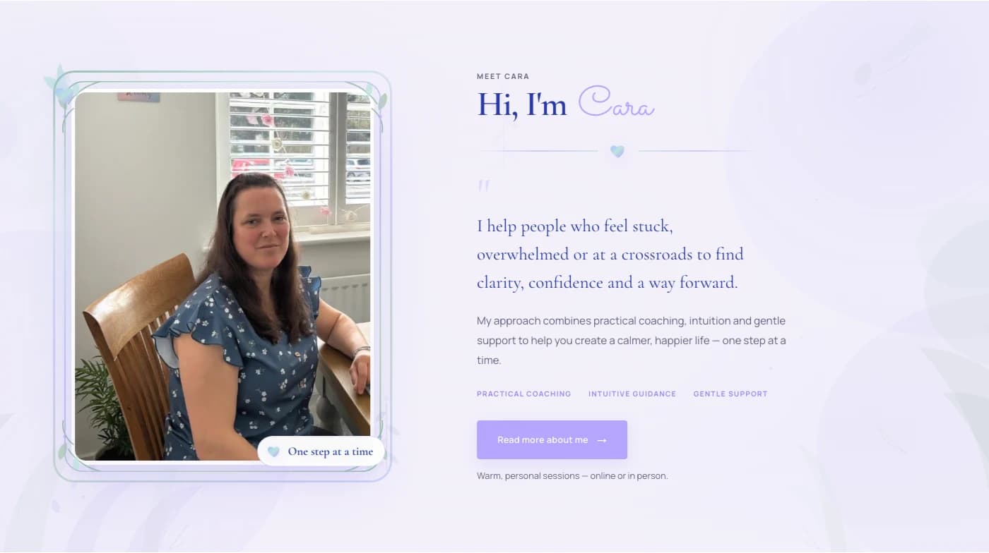 Meet Cara homepage section with portrait and approach summary