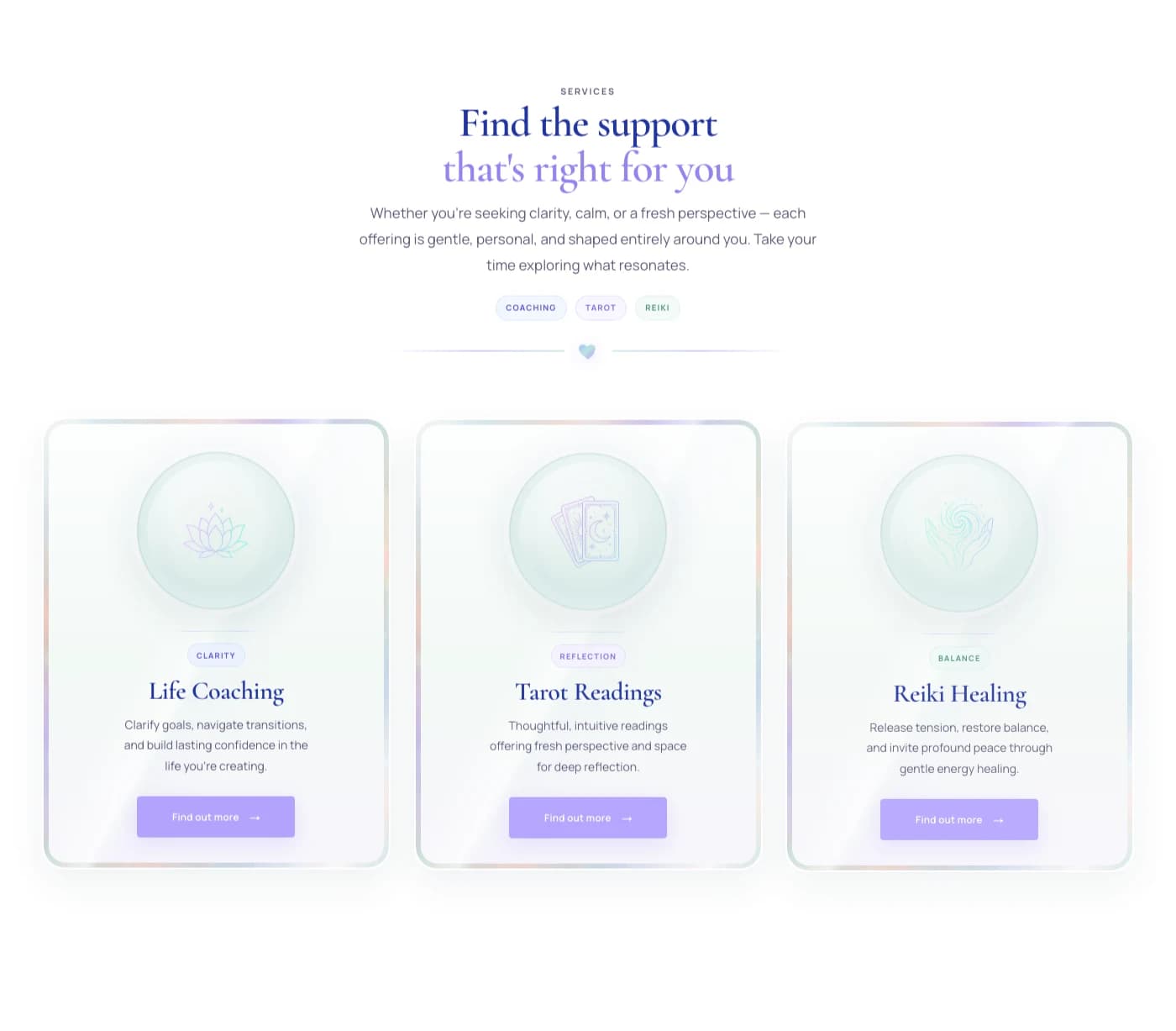 Services section with Life Coaching, Tarot Readings, and Reiki Healing cards