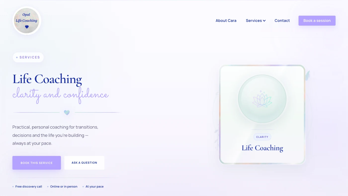 Opal Life Coaching service page for life coaching, with a lotus icon and buttons to book or ask a question