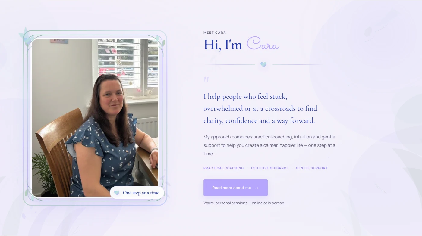 Opal Life Coaching "Meet Cara" section with a photo of Cara seated at a table and a short quote about her approach